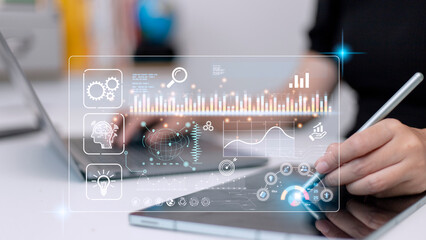 Data scientists. Man programmer using laptop analyzing and development at various information on futuristic virtual interface screen. Algorithm. marketing and deep learning of artificial intelligence