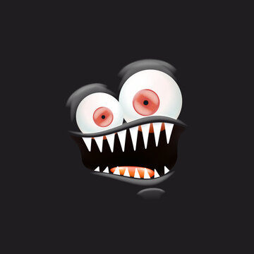 Vector funny angry black monster face with open mouth with fangs and evil eyes isolated on black background. Halloween cute and angry monster design template for poster, banner and tee print