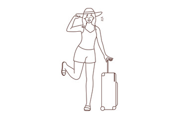 Smiling woman with suitcase ready for travel 