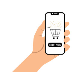 Hand holding smartphone with shopping cart on screen