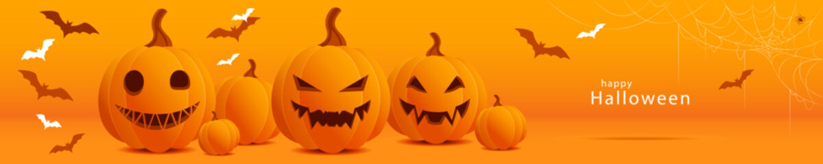 Orange banner with a group of ripe pumpkins with Halloween faces. Congratulatory vector illustration made in warm colors with the inscription "Happy Halloween". Evil pumpkins on a yellow background