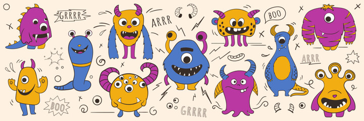 Vector set of illustration of cute monsters in doodle style. Colorful illustration for decoration kids room, for pattern design, card, book decoration, print. Bundle of decorative design elements.