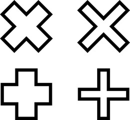 Obraz premium Set of black outlined cross, plus sign shapes design element. Isolated vector, png, illustration, transparent background. Asset for brush, stamp, montage, collage or neo geometric pattern.