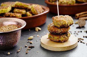 Vegan food: Fried falafel balls with sesame and oriental spices - 540003346
