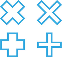 Obraz premium Set of blue outlined cross, plus sign shapes design element. Isolated vector, png, illustration, transparent background. Asset for brush, stamp, montage, collage or neo geometric pattern.