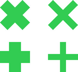 Set of green filled cross, plus sign shapes design element. Isolated vector, png, illustration, transparent background. Asset for brush, stamp, montage, collage, grain source or neo geometric pattern.