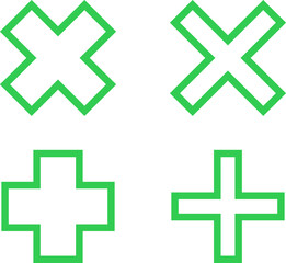 Set of green outlined cross, plus sign shapes design element. Isolated vector, png, illustration, transparent background. Asset for brush, stamp, montage, collage or neo geometric pattern.