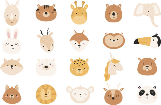 Set of hand drawn animals bear, rabbit, unicorn, bear, lion