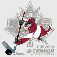 Bear hockey player skating. Bear mascot of a canadian hockey team. In the background a usual canadians leaf. Animal sport illustration concept.