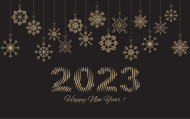 Black Happy New Year  2023 background with  gold snowflakes. The horizontal background is great for cards, brochures, flyers, and advertising poster templates. Vector illustration.
