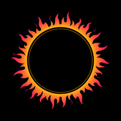 Sun crown with tongues of fire, vector fire ring, circle, burning frame. Sun shape or flame border template with space for text. Orange and yellow gradient. Solar eclipse illustration.