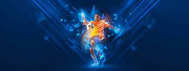Creative artwork. Portrait of young man, sportive football player training isolated over dark blue background with polygonal and fluid neon elements.