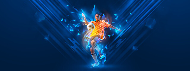 Creative artwork. Portrait of young man, sportive football player training isolated over dark blue background with polygonal and fluid neon elements. © Lustre Art Group 