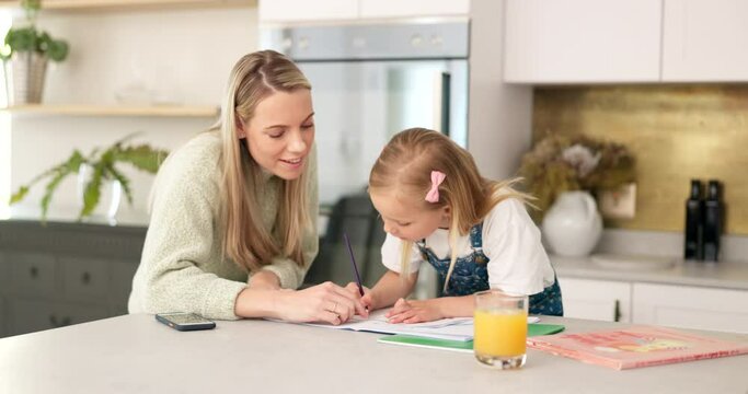 Education, mother and girl writing in kitchen for school task, assignment or homework. Help, learning and mom with child teaching, explaining or helping kid in home in the morning with books on table