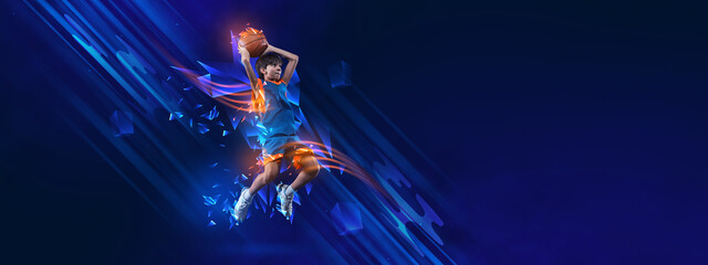 Creative artwork. Teen boy, basketball player training over blue background with polygonal and fluid neon elements. Championship