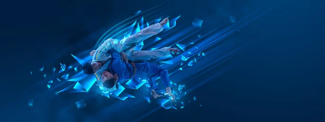 Tuinposter Creative artwork. Men, professional martial arts athletes training over dark blue background with polygonal and fluid neon elements. © Lustre