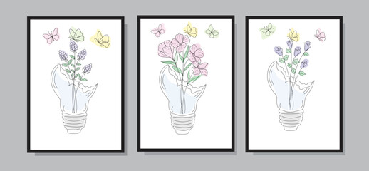 flowers in a broken light vase with butterflys combination. line art vector illustration.