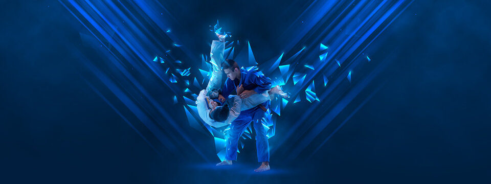 Creative artwork. Men, professional martial arts athletes training over dark blue background with polygonal and fluid neon elements.