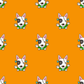 Cartoon bull terrier dog with halloween costume seamless pattern background for design.