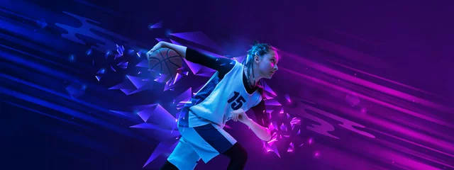 Keuken spatwand met foto Creative artwork. Teen girl, basketball player in motion over gradient blue purple background with polygonal and fluid neon elements. © Lustre