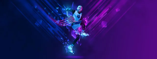 Gordijnen Creative artwork. Teen girl, basketball player in motion on gradient background with polygonal and fluid neon elements. © Lustre