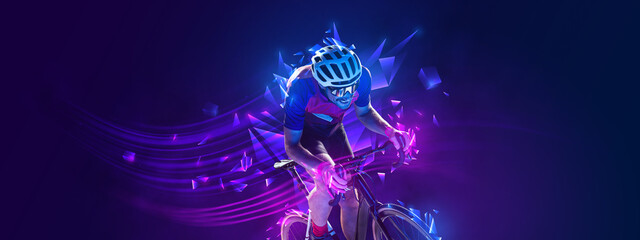 Creative artwork. Man, professional cyclist training, riding on blue background with polygonal and fluid neon elements.