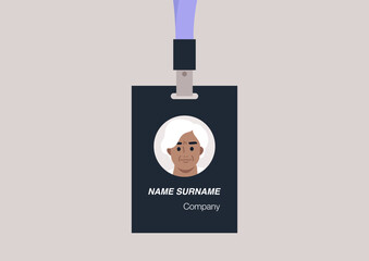 ID badge template, conference accessories, modern corporate culture, a portrait of a Senior character