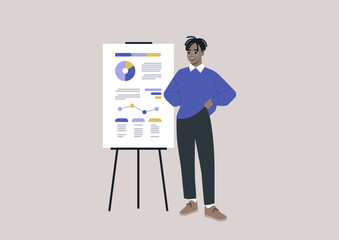 Data analysis and optimization, Young male African character presenting a research report printed on a flip chart