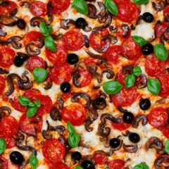 Italian pizza with tomato, olives, pepperoni, and mushrooms – Seamless Texture, Background