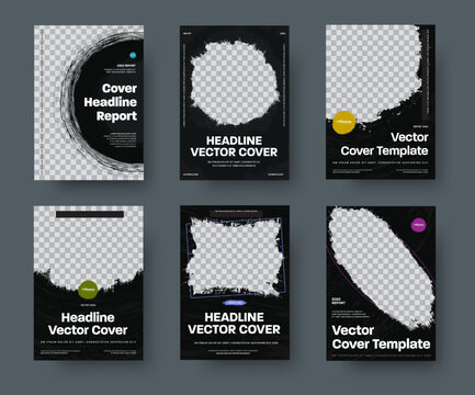 Set of vector black covers with different grunge elements for photo.