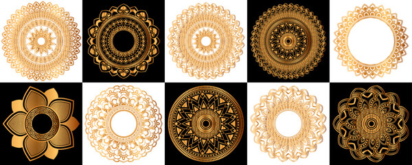 Set of gold zentangle mandalas, Mandala for henna, mehendi, tattoo, Decorative ethnic ornamental elements, Oriental patterns