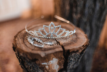 wedding diadem and earring on wood