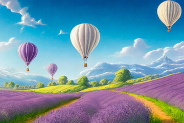 Naklejka premium Lavender field, beautiful view, flying balloon, white-maned clouds, fantastic landscape