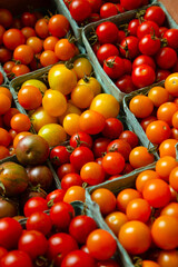 Closeup Agriculture Food Photography of Fresh Raw Red, Yellow, and Orange Cherry Tomatoes Inside a Rustic Produce Harvest Baskets