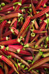 Rustic Agriculture Food Photography of Fresh Harvest Red Burgundy Okra Vegetables