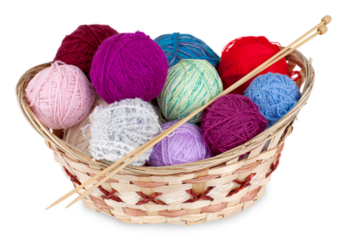 Balls of yarn in a basket with knitting needles
