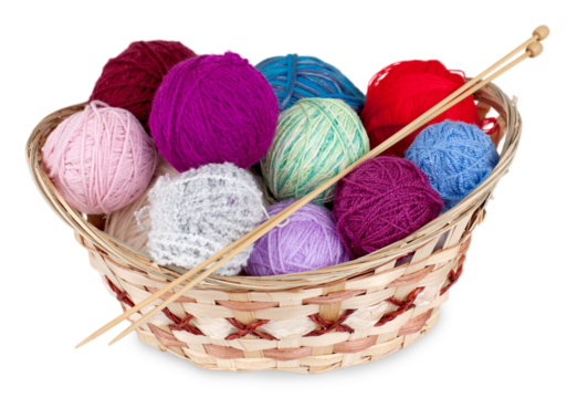Balls of yarn in a basket with knitting needles