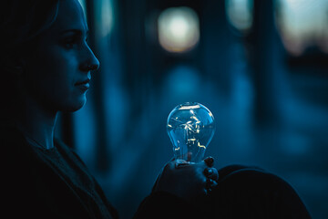 young worried woman holding bright shining lightbulb in her hands feeling unsave while in fear...