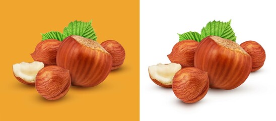 Hazelnuts with leaves isolated on white background as package design element