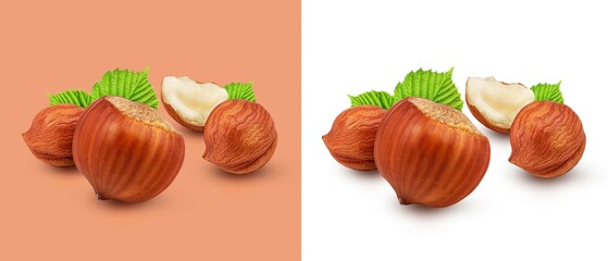 Hazelnuts with leaves isolated on white background as package design element