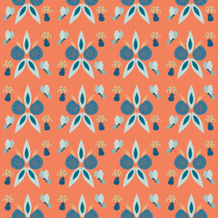 Seamless natural geometric pattern, forest mushrooms, insects, snails and leaves, orange background. Vector, hand drawn. 