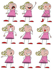Petite fille personnage bâton avec diverses expressions