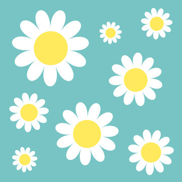 White chamomile icon set. Daisy flower seamless pattern. Cute plant collection. Growing concept. Wrapping paper textile template. Green background.