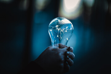 young worried woman holding bright shining lightbulb in her hands feeling unsave while in fear...