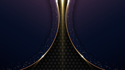 Abstract elegant blue and golden circle decoration gold glitter with lighting effect on black background luxury style