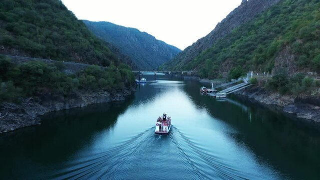 River Sil Touristic Cruise Boat in Canyon in Ribeira Sacra AERIAL