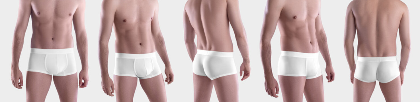 Kit Mockup of white male boxers on the athletic body of a guy, brief underwear, isolated on background