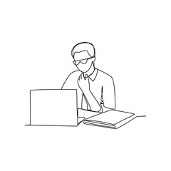 Vector illustration of an employee at the computer drawn in line-art style