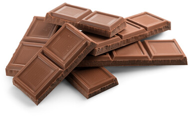 Pieces of delicious chocolate on white background