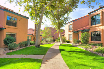Concrete pavement in the middle of a green lawn heading to houses' entrance at Tucson, AZ